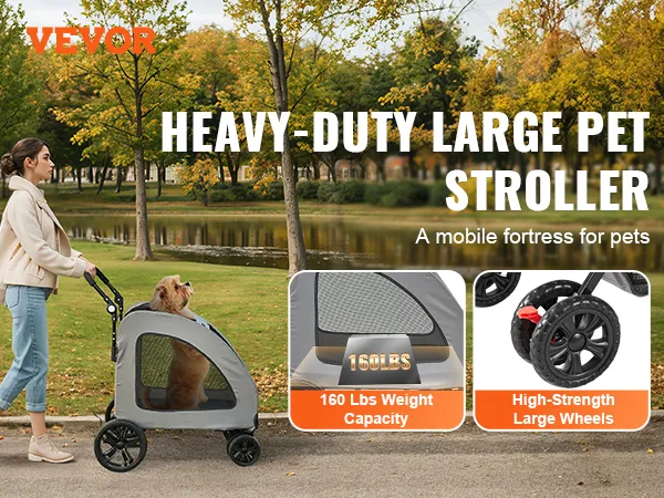 VEVOR pet stroller for large pets, 160 lbs capacity, rust-resistant frame, durable large wheels.