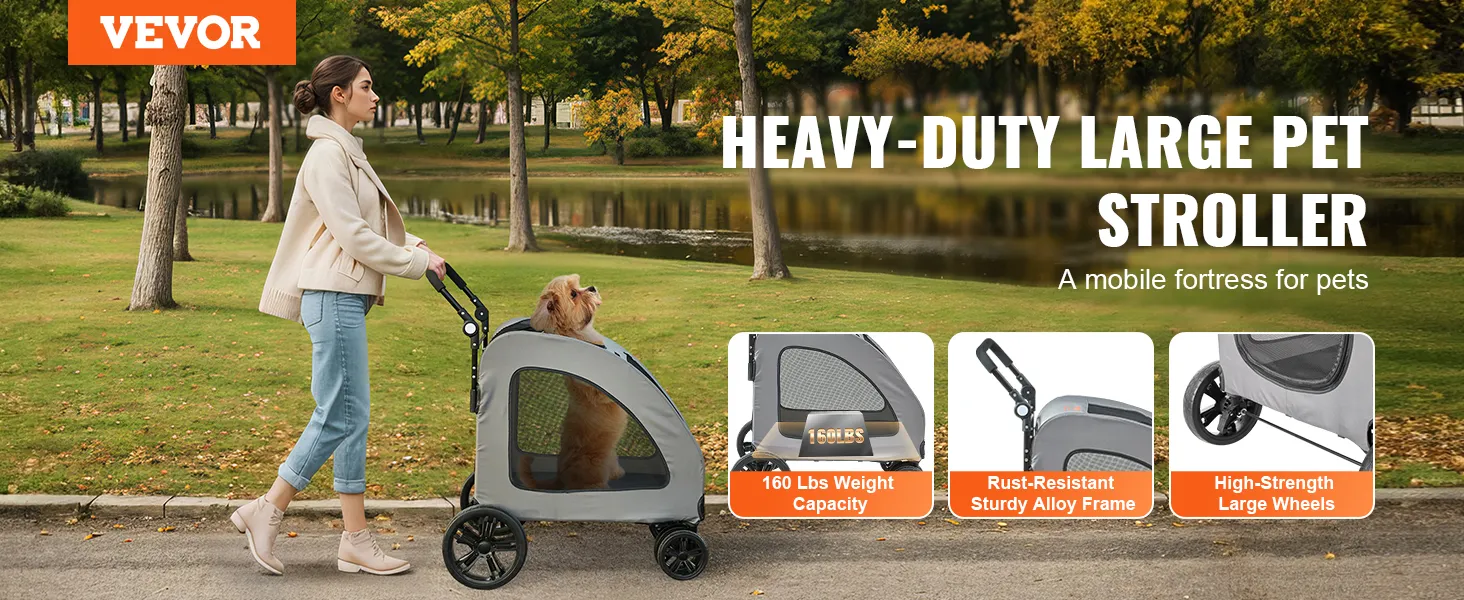 VEVOR pet stroller for large pets, 160 lbs capacity, rust-resistant frame, durable large wheels.