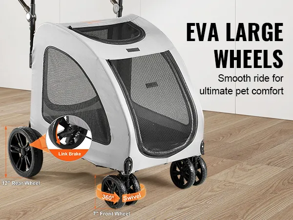 VEVOR pet stroller features eva large wheels, 12" rear wheel with link brake, 7" front wheel with 360° swivel.