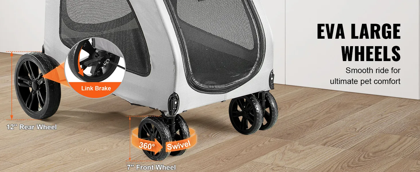 VEVOR pet stroller features eva large wheels, 12" rear wheel with link brake, 7" front wheel with 360° swivel.