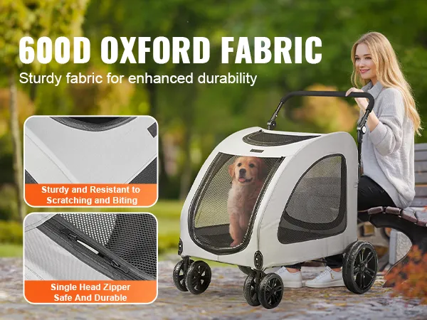VEVOR pet stroller with 600d oxford fabric, sturdy and scratch-resistant, single head zipper, durable.