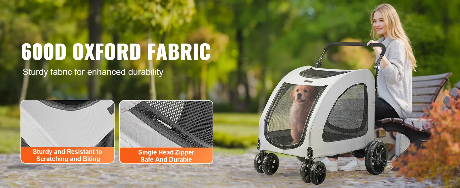 VEVOR pet stroller with 600d oxford fabric, sturdy and scratch-resistant, single head zipper, durable.