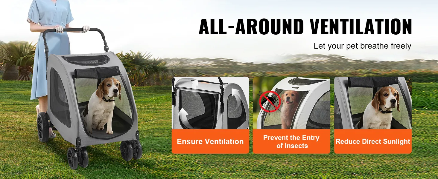 VEVOR pet stroller with all-around ventilation, preventing insect entry, reducing direct sunlight.