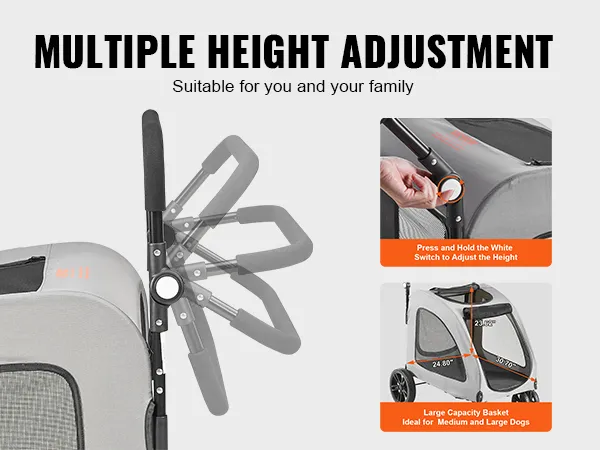VEVOR pet stroller with adjustable height and large capacity basket for medium and large dogs.