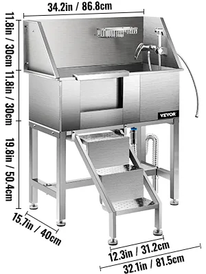 VEVOR pet grooming tub with adjustable ramp, faucet, and stainless steel construction.