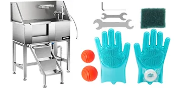 VEVOR pet grooming tub with gloves, two orange balls, and wrench set.