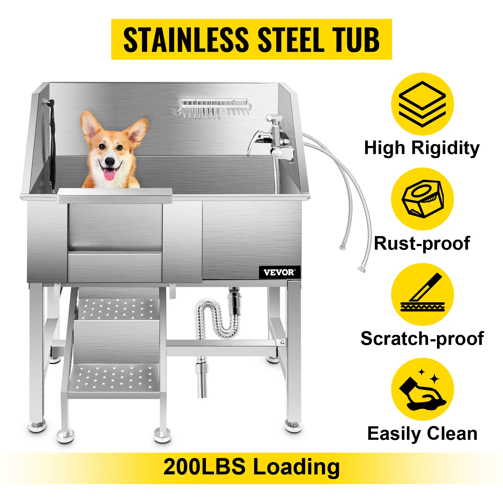 VEVOR pet grooming tub with stainless steel, rust-proof, scratch-proof, 200lbs loading.