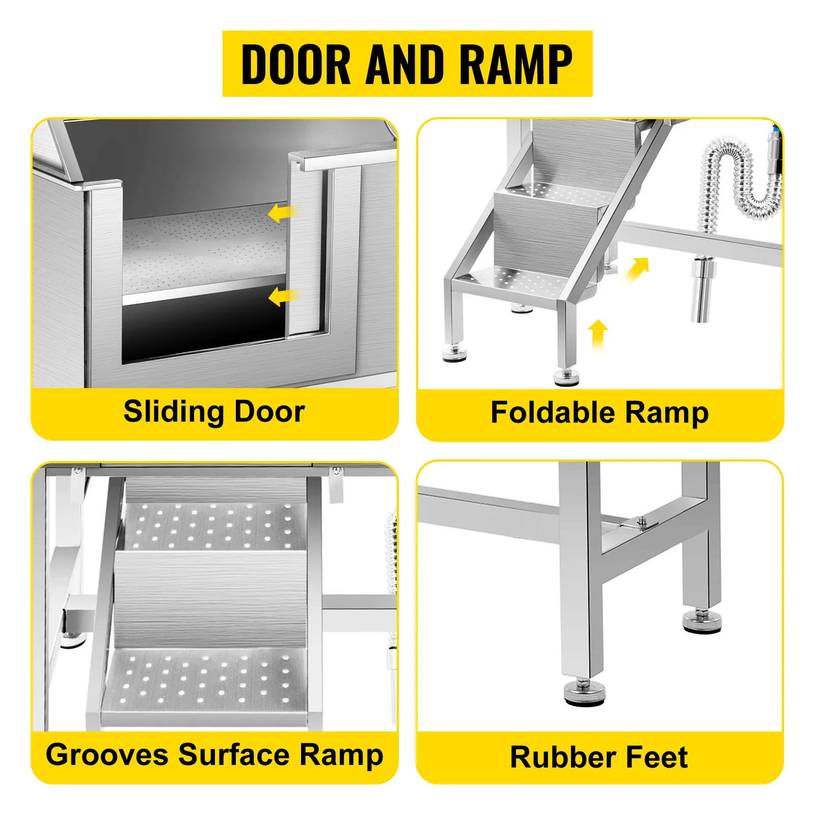 sliding door, foldable ramp, grooves surface ramp, and rubber feet on VEVOR pet grooming tub.
