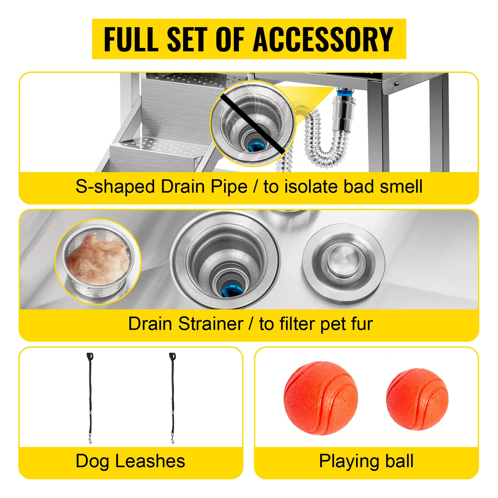 VEVOR pet grooming tub accessories: drain pipe, strainer, leashes, playing ball.