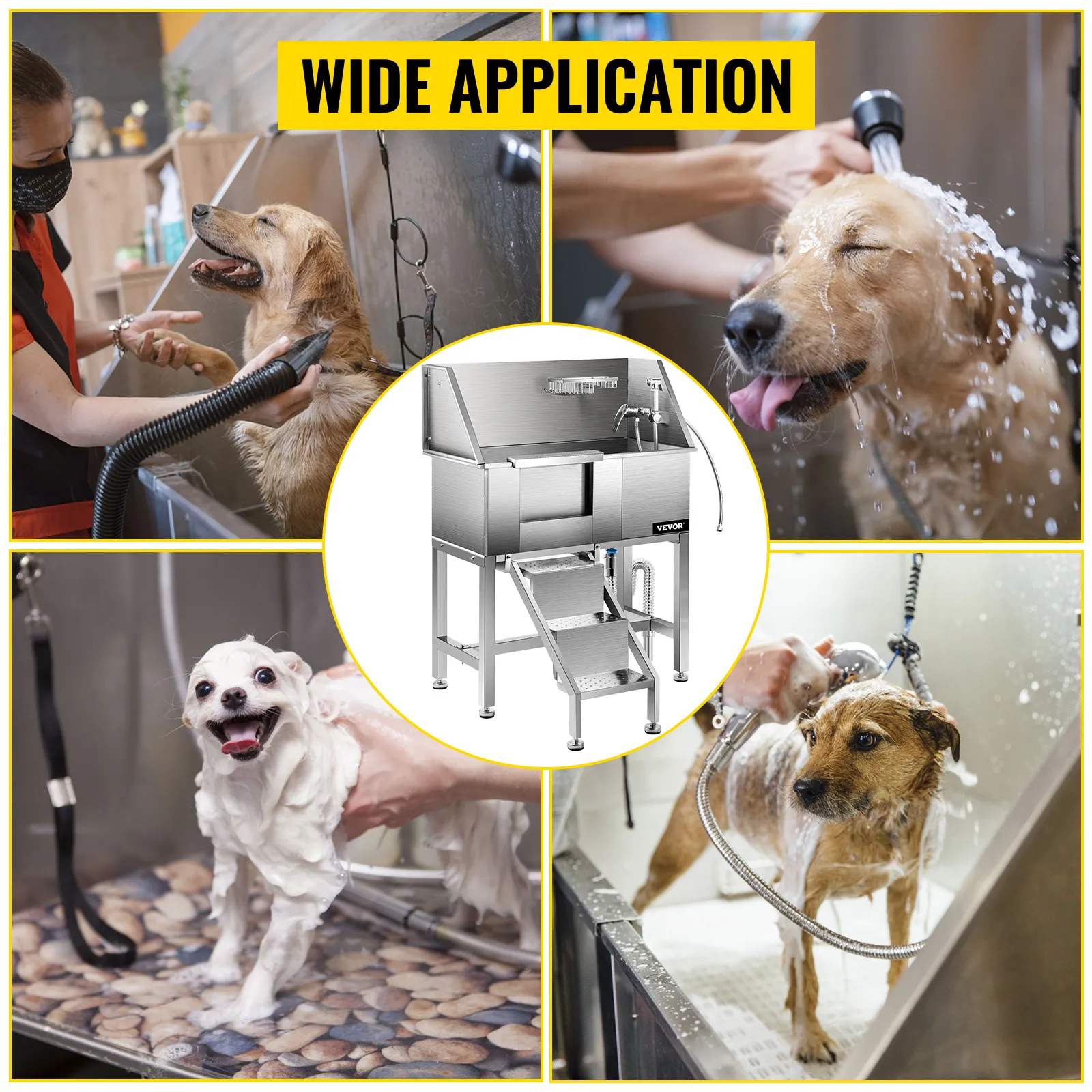 dogs being groomed and bathed with the VEVOR pet grooming tub in various settings.