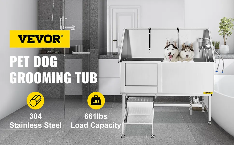 Bañera para aseo de perros VEVOR con dos perros esquimales, acero inoxidable 304 y capacidad de carga de 661 libras.