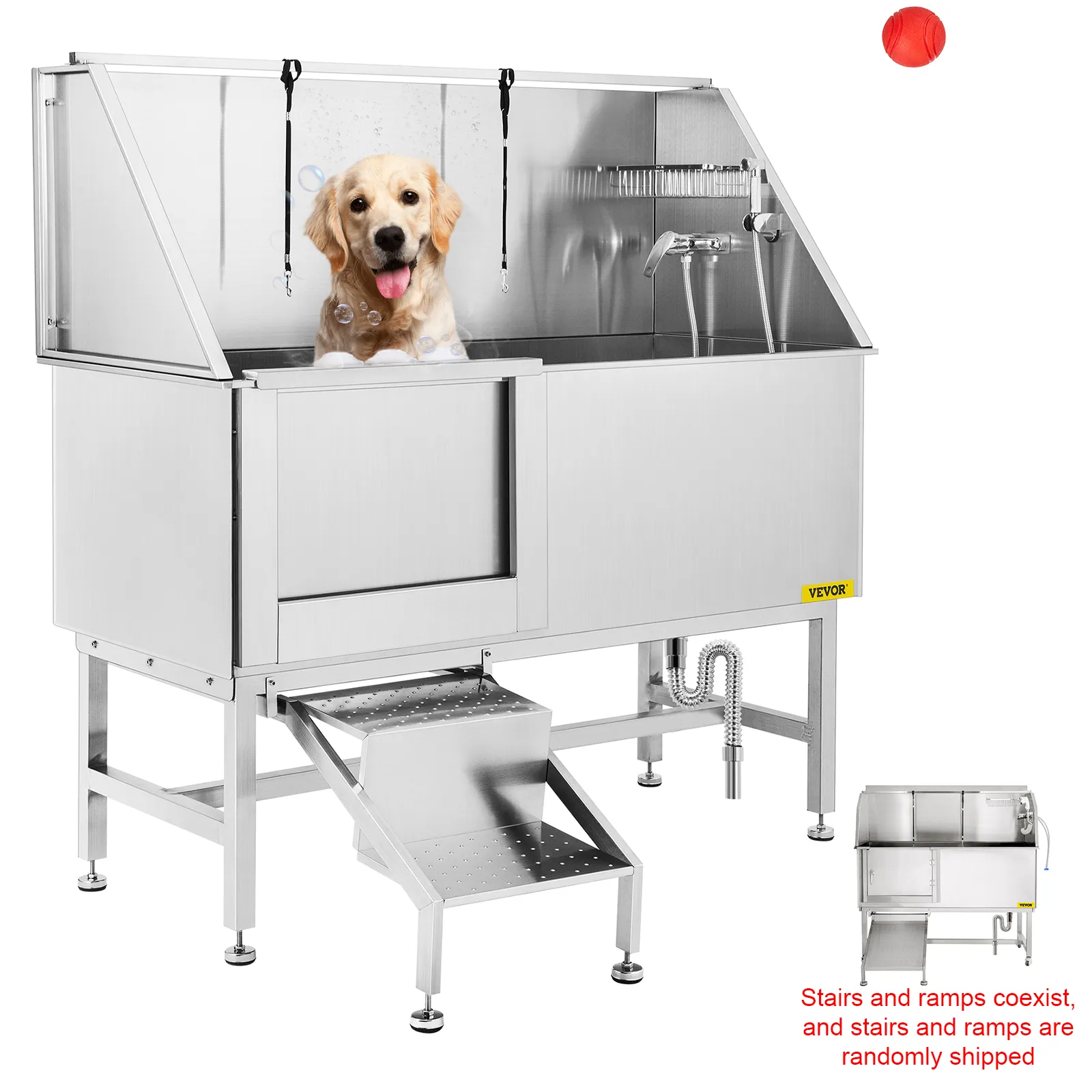 Bañera de aseo para perros VEVOR con altura ajustable y diseño de acero inoxidable.