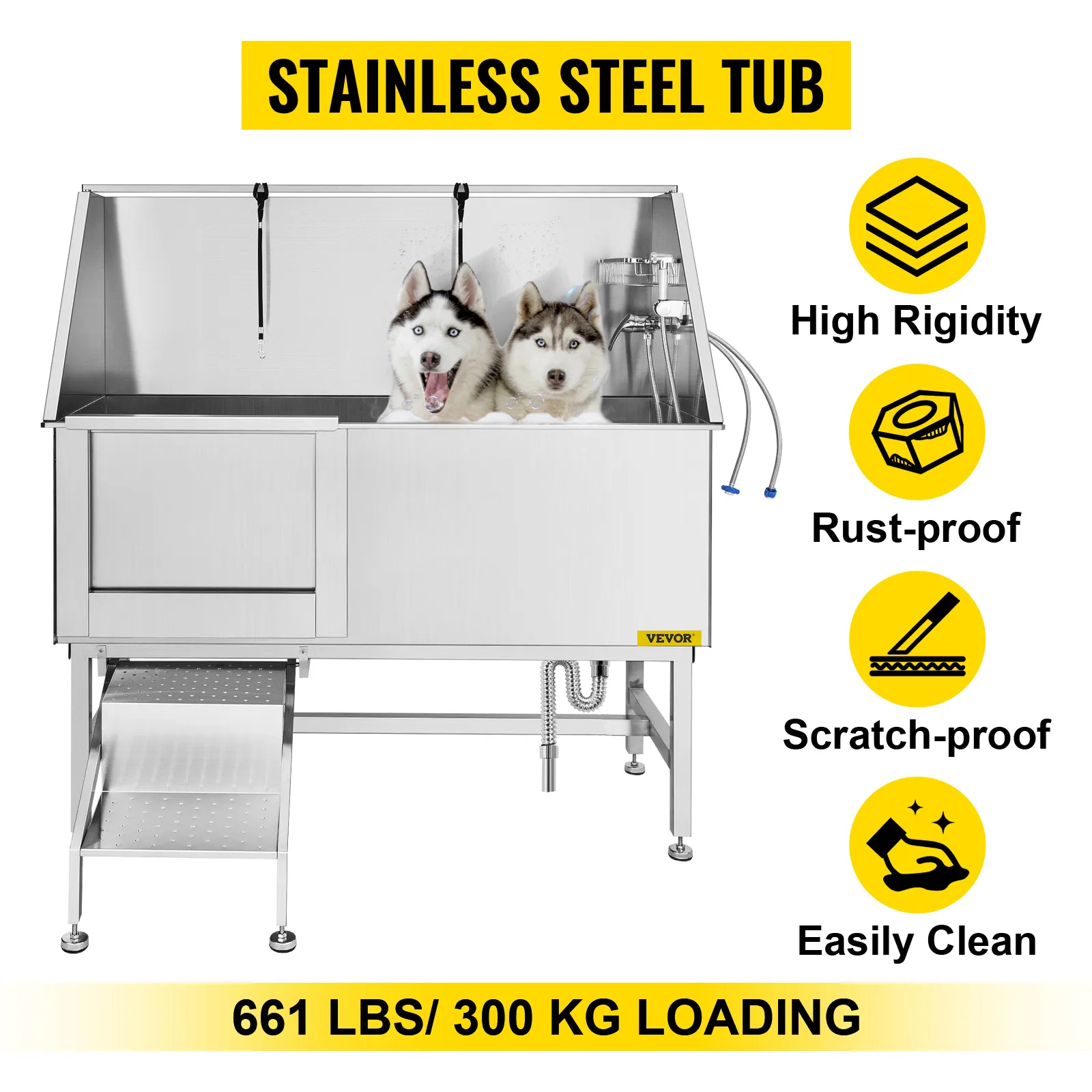 Bañera para aseo de perros VEVOR con grifo ajustable, soporta 661 libras, acero inoxidable.