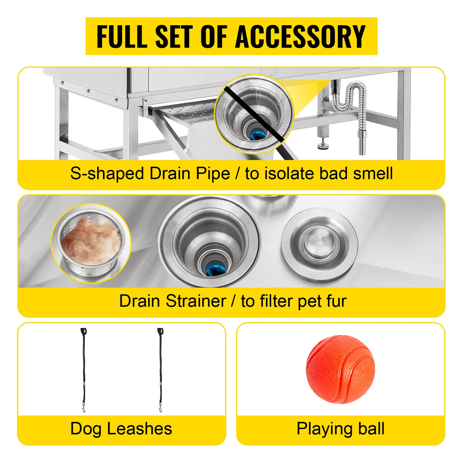 Accesorios para bañera de aseo para perros VEVOR: tubo de drenaje en forma de S, colador, correas, bola naranja.