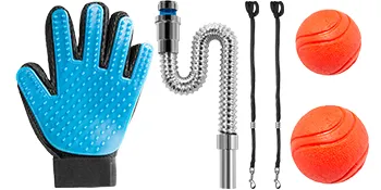 Accesorios para bañera de aseo para perros VEVOR que incluyen guantes, manguera, correas y pelotas