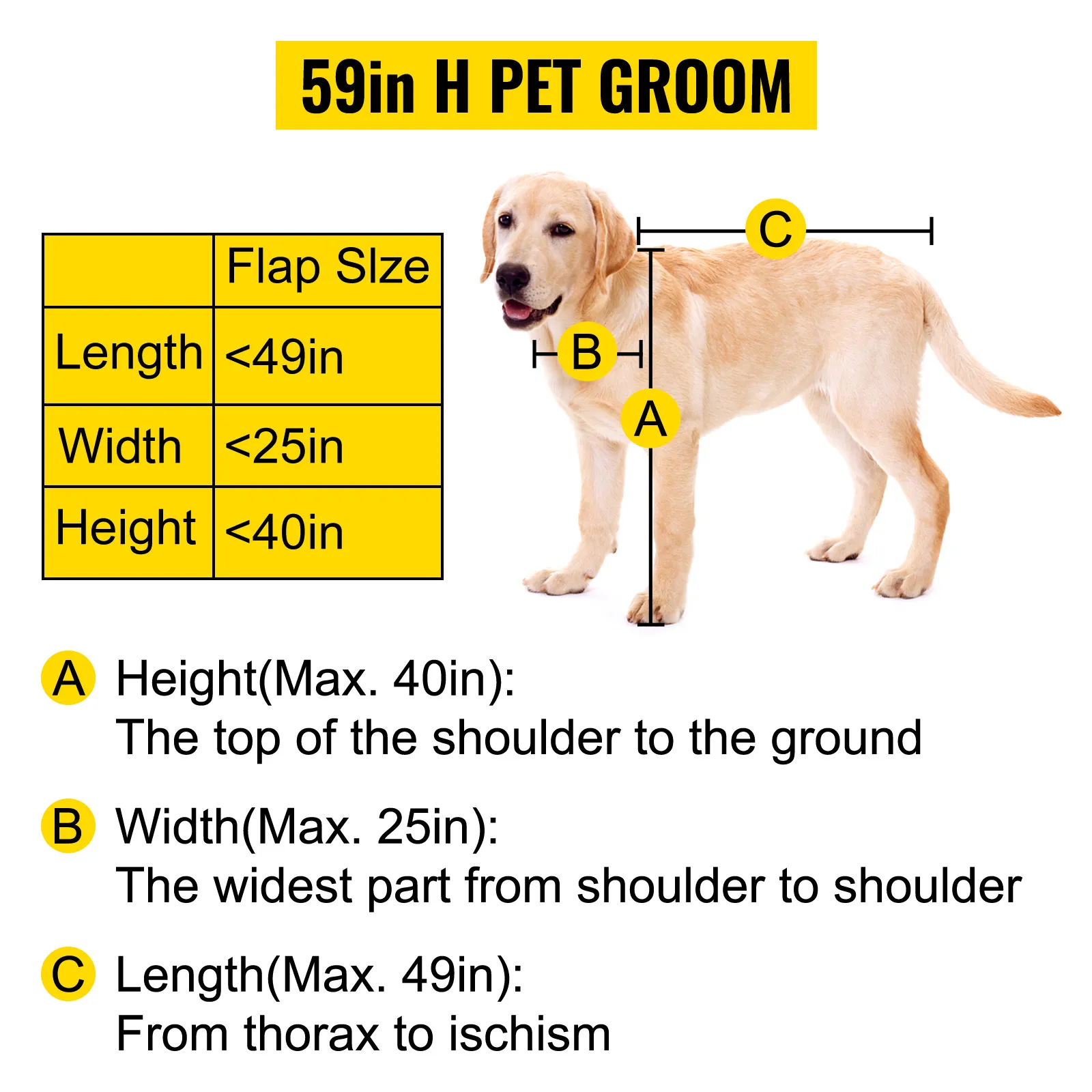 Guía de medidas para perros para bañera de aseo para perros VEVOR: límites de altura, ancho y largo.