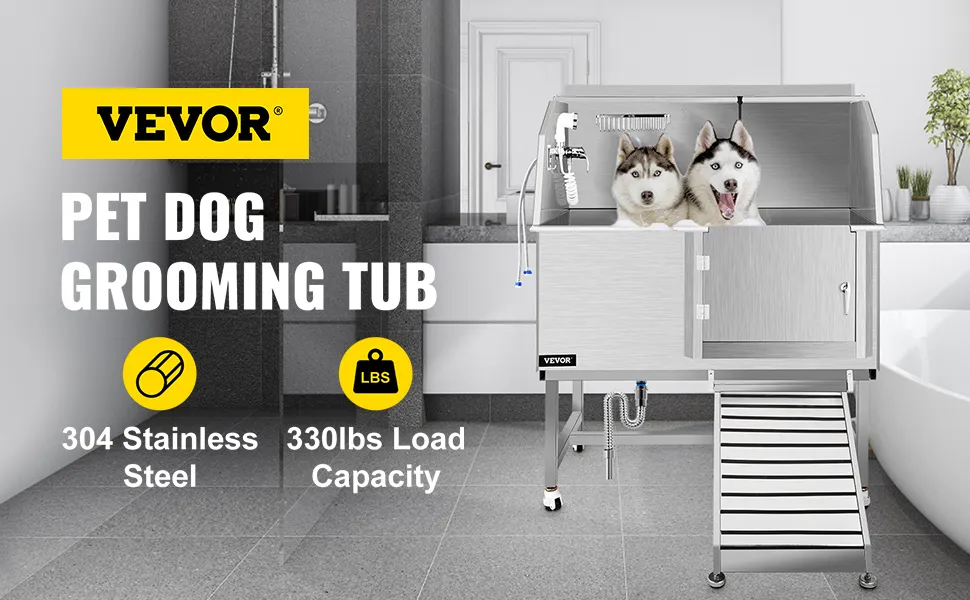 Bañera para aseo de perros VEVOR con acero inoxidable 304 y capacidad de carga de 330 libras.