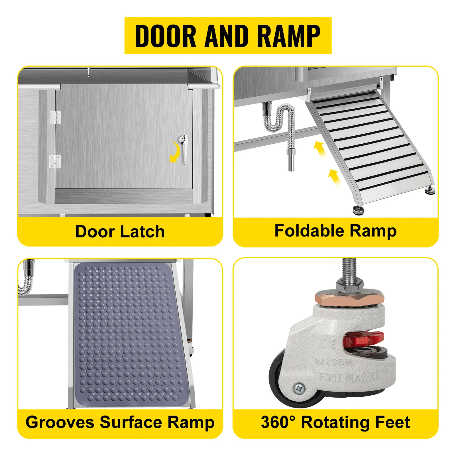 La bañera de aseo para perros VEVOR cuenta con un pestillo de puerta, una rampa plegable, una rampa de superficie con ranuras y patas giratorias de 360°.