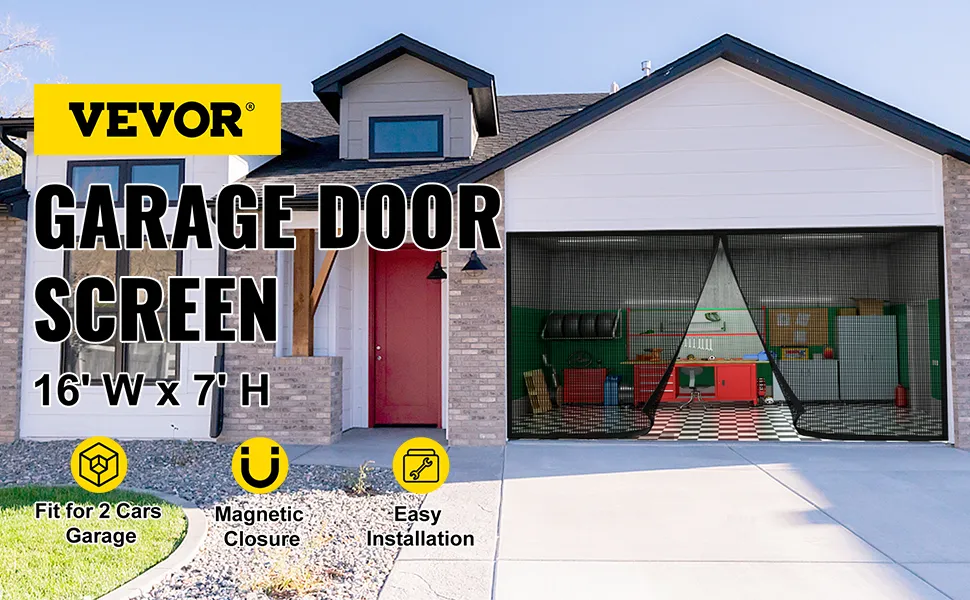 VEVOR garage door screen 16'w x 7'h, fit for 2 cars, magnetic closure, easy installation.