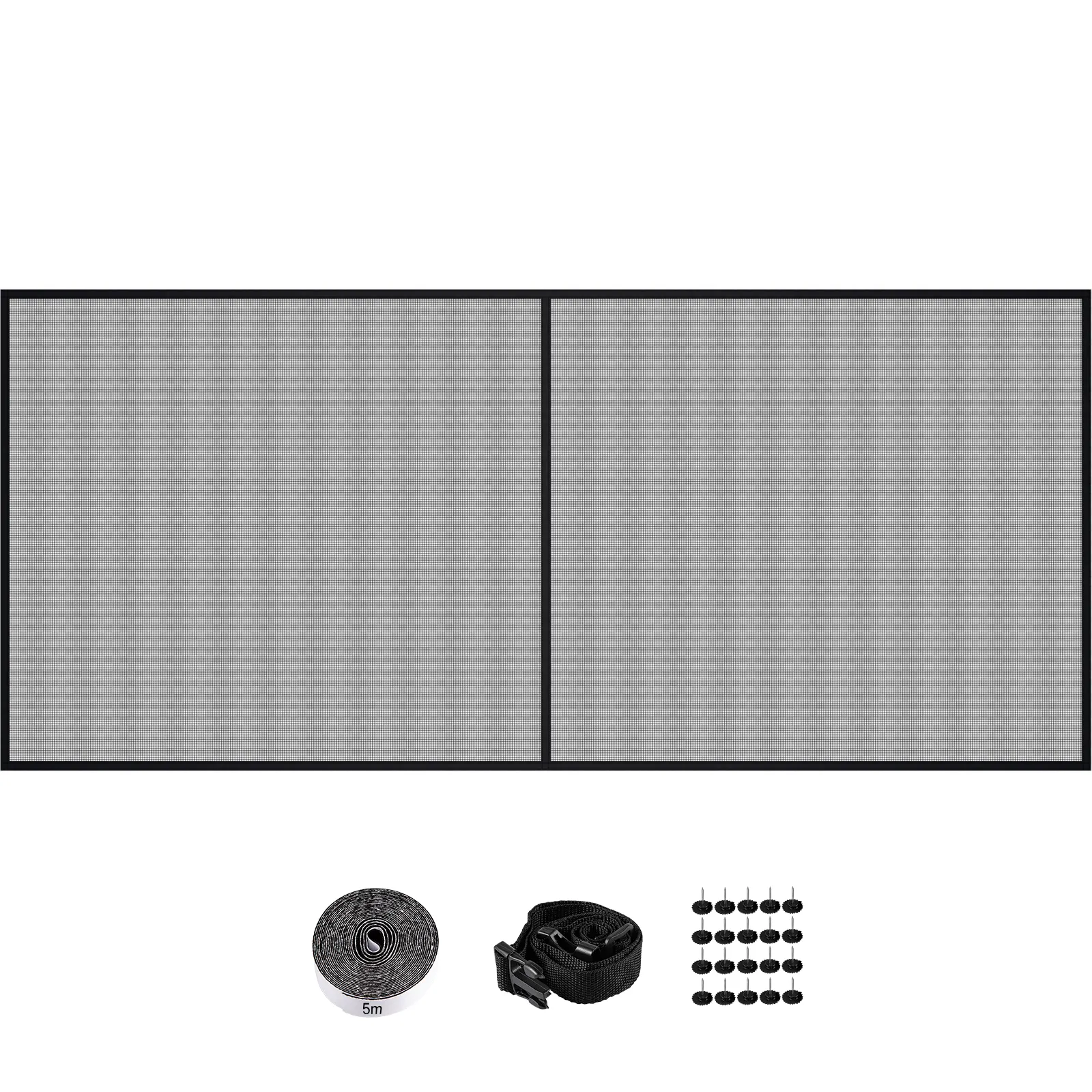 VEVOR garage door screen with assembly kit including tape, strap, and fasteners.