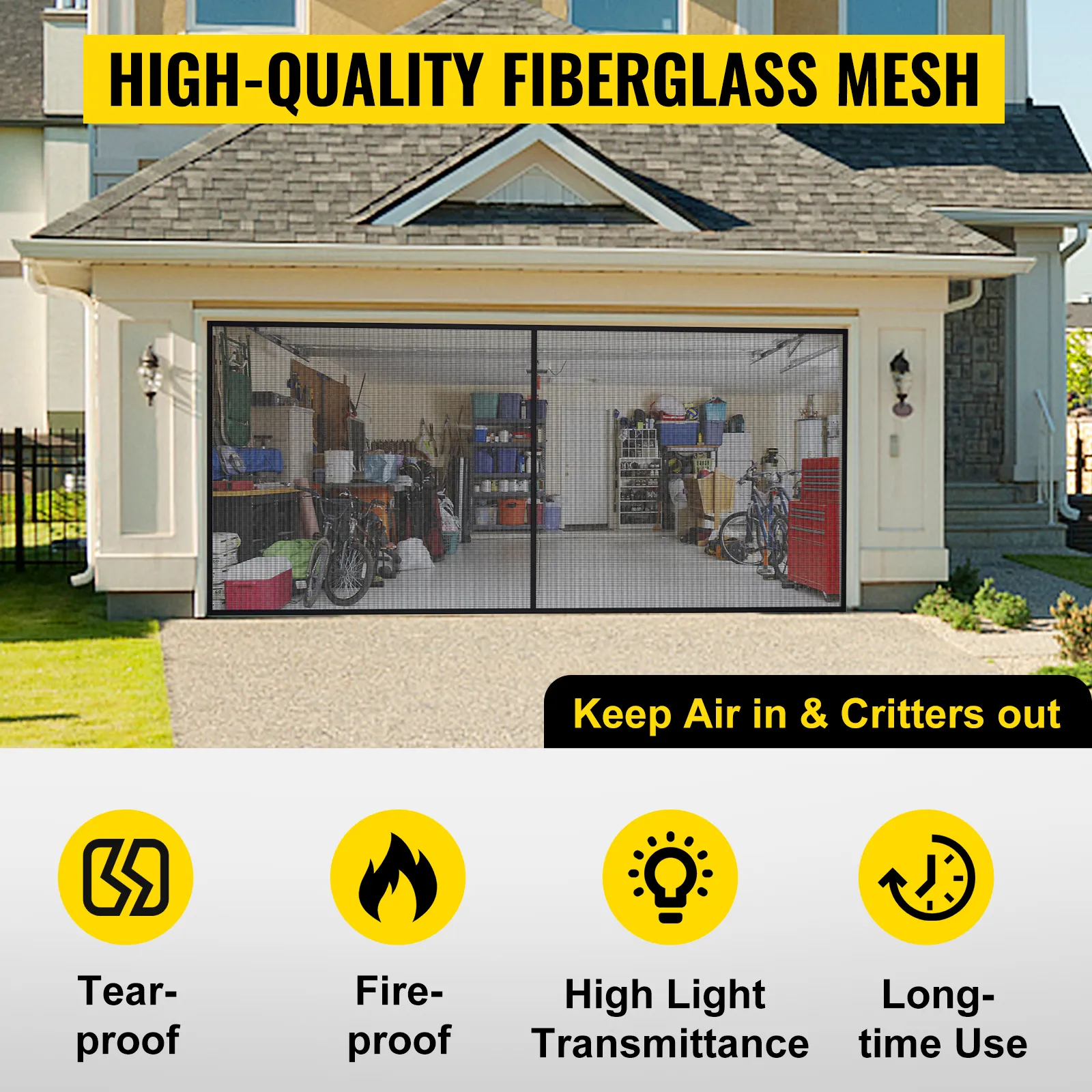 VEVOR garage door screen showcasing high-quality fiberglass mesh with tear-proof and fire-proof features.