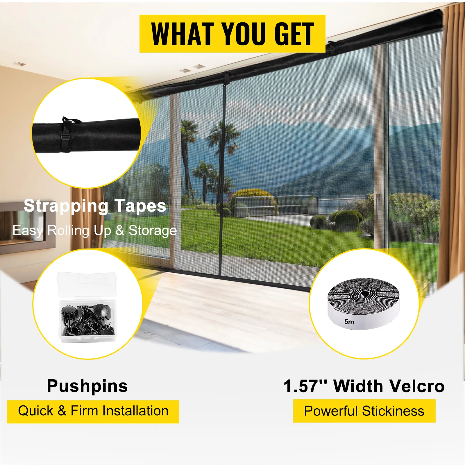 VEVOR garage door screen with strapping tapes, pushpins, and 1.57" wide velcro.
