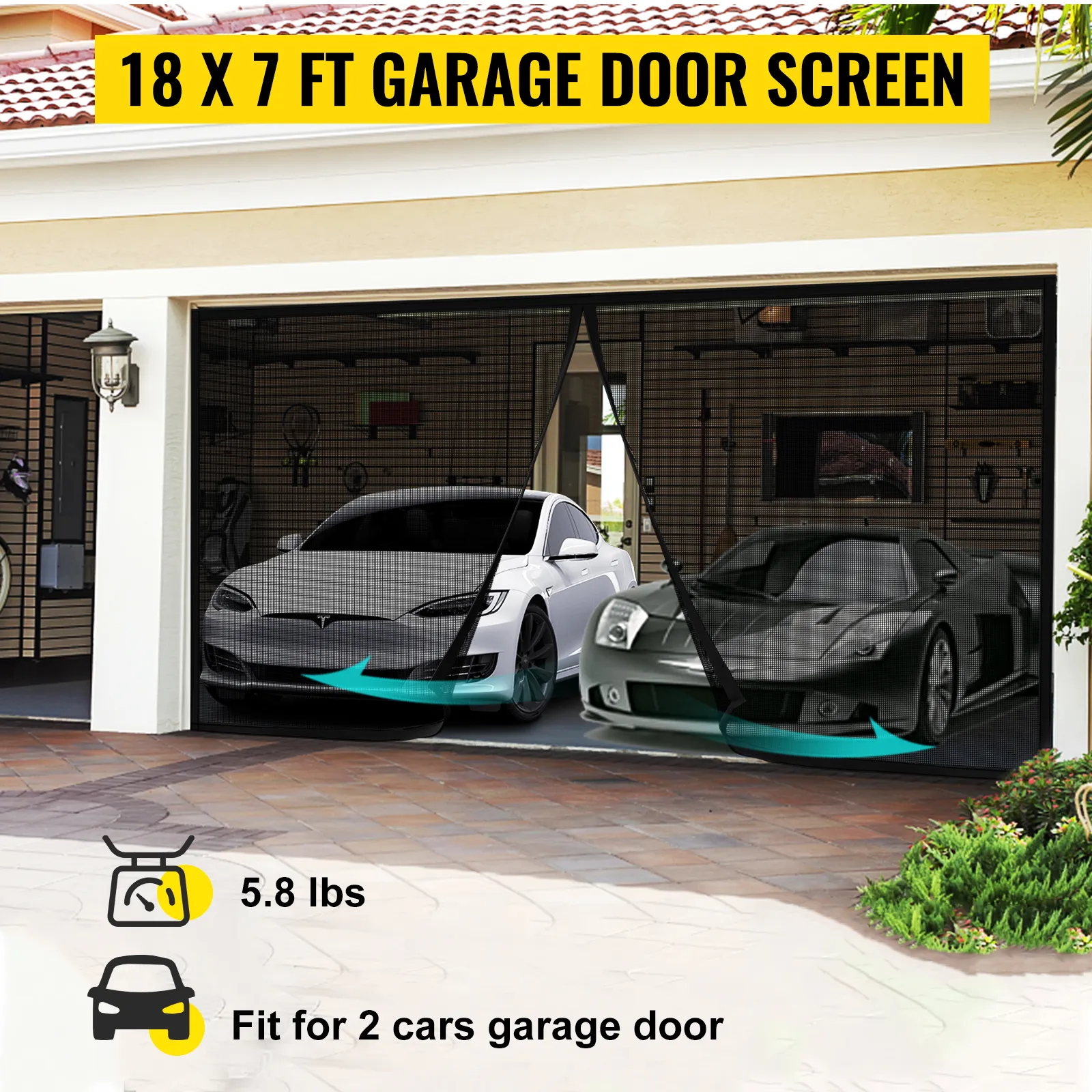 VEVOR garage door screen, 18x7 ft, fits 2 cars, 5.8 lbs, shown in a residential garage.