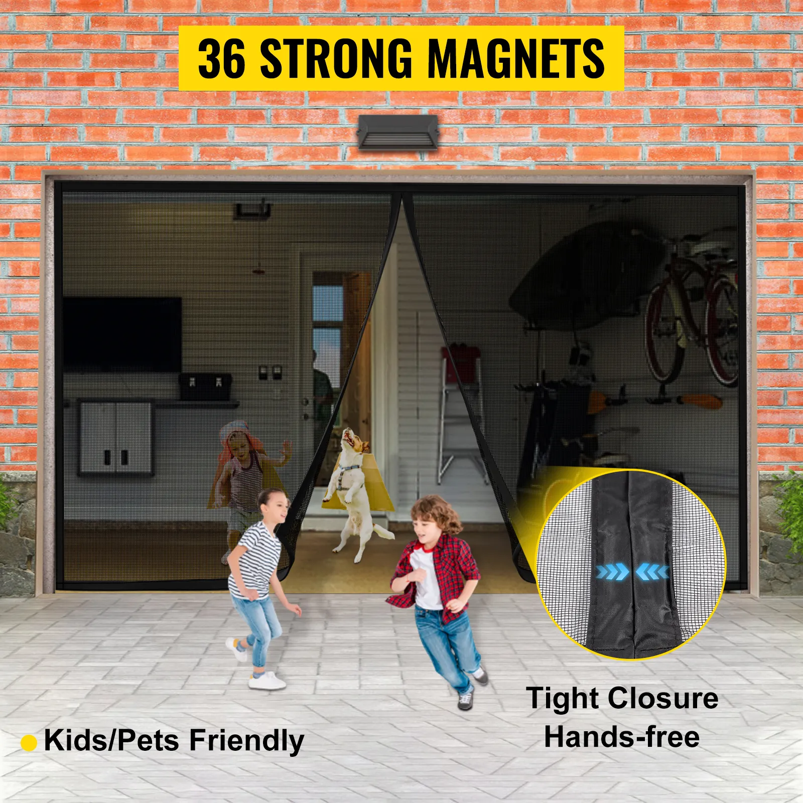 VEVOR garage door screen with 36 magnets, kids/pets playing inside, hands-free closure.