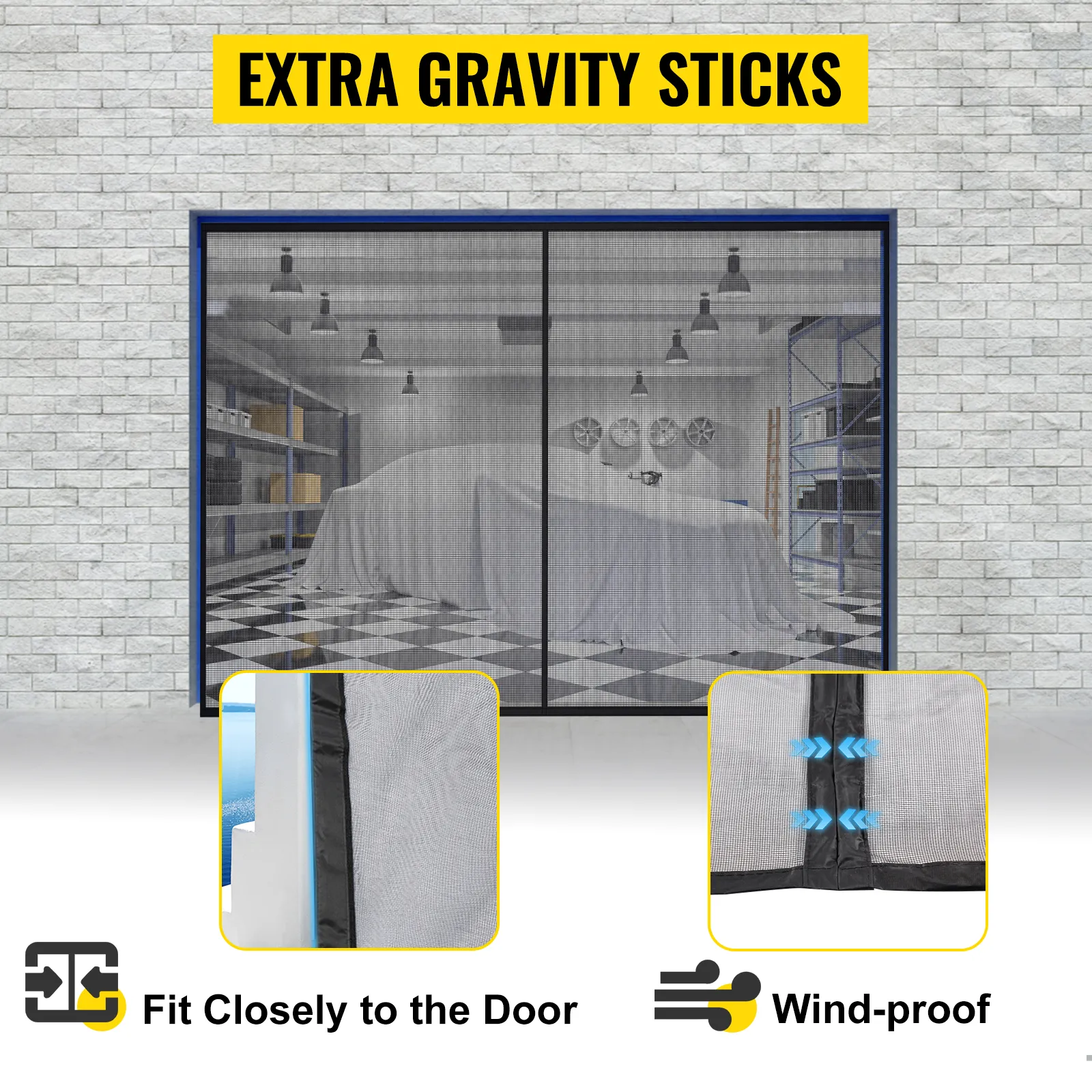 VEVOR garage door screen with extra gravity sticks, fits closely, and is wind-proof.