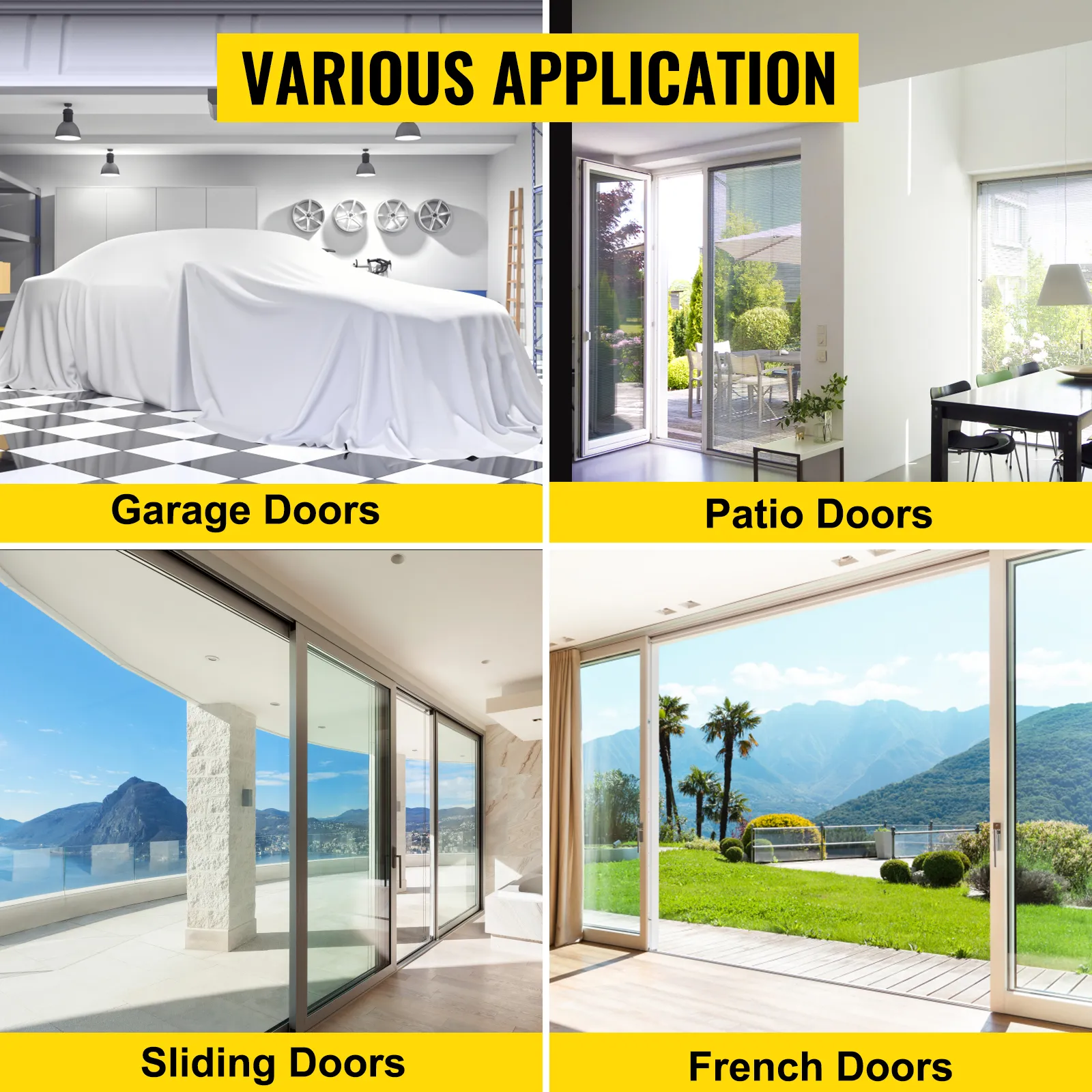 various applications for VEVOR garage door screen: garage, patio, sliding, and french doors.