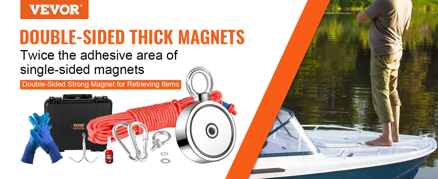 VEVOR magnet fishing kit with double-sided thick magnets, rope, hooks, gloves, and a carrying case.
