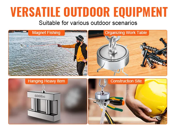 versatile outdoor equipment showcasing magnet fishing, organizing work table, hanging heavy item, and construction site applications.