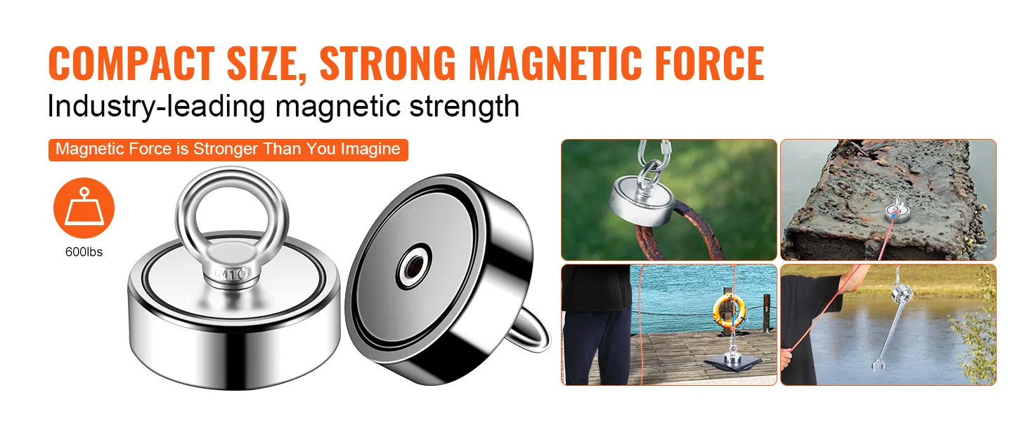 compact VEVOR magnet fishing kit showcasing strong magnetic force, pulling objects from water, 600lbs capacity.