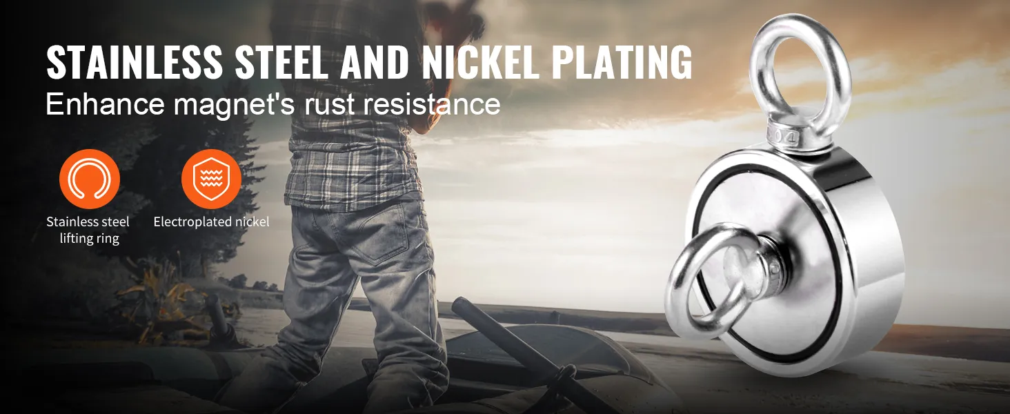 stainless steel and nickel plating of VEVOR magnet fishing kit enhance magnet’s rust resistance.