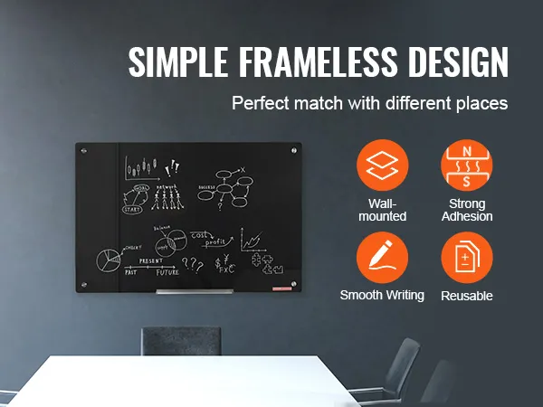 VEVOR magnetic glass whiteboard, frameless design, wall-mounted, smooth writing surface, strong adhesion.