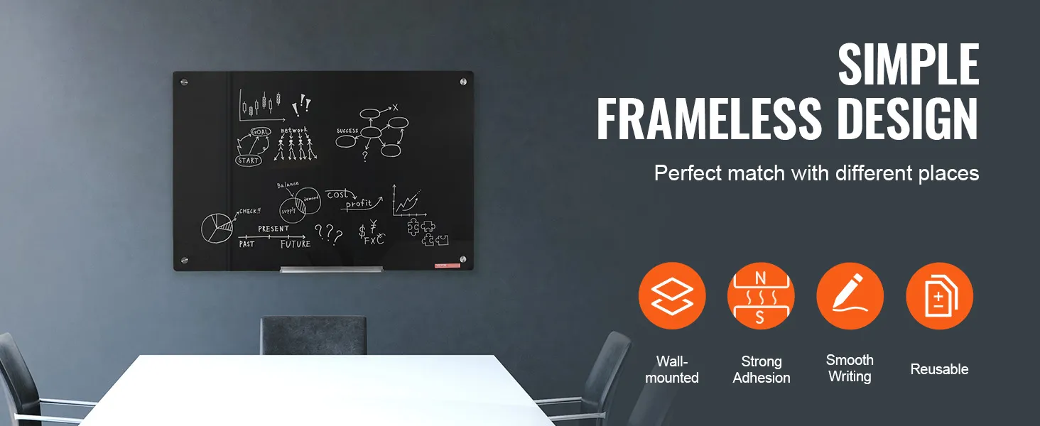 VEVOR magnetic glass whiteboard, frameless design, wall-mounted, smooth writing surface, strong adhesion.