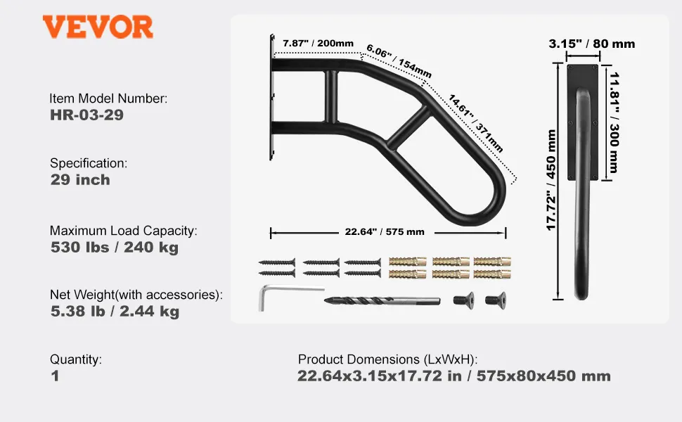 VEVOR outdoor handrails, item hr-03-29, 29-inch, max load 530 lbs, product dimensions 22.64x3.15x17.72 in.