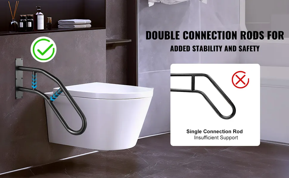 wall-mounted toilet with VEVOR outdoor handrails featuring double connection rods for added stability.