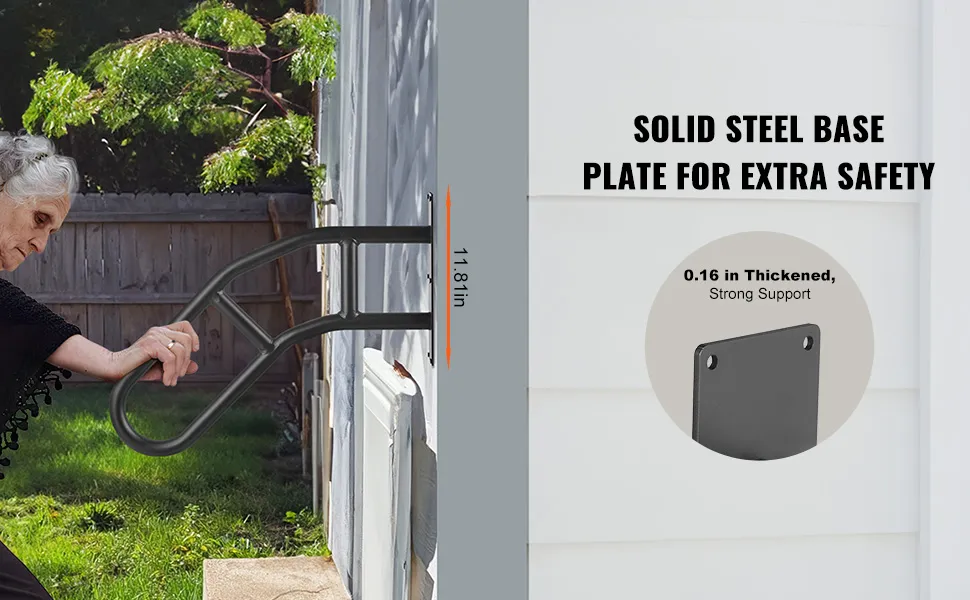VEVOR outdoor handrails with solid steel base plate for extra safety and strong support.
