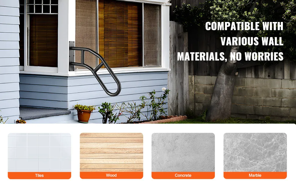 VEVOR outdoor handrails installed on a porch, compatible with tiles, wood, concrete, and marble walls.