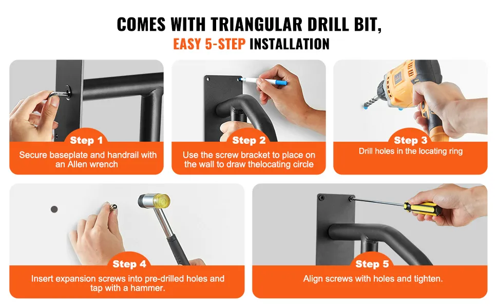 VEVOR outdoor handrails easy 5-step installation guide, including securing baseplate and drilling holes.