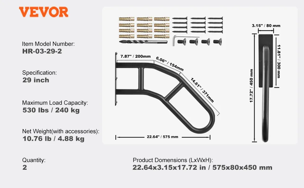 VEVOR outdoor handrails, 29-inch, model hr-03-29-2. max load 530 lbs, product dimensions 22.64x3.15x17.72 in.