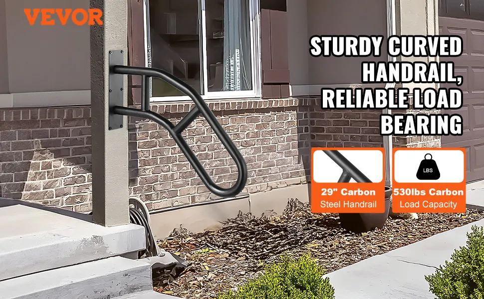 VEVOR outdoor handrails, 29" carbon steel handrail mounted on a porch, supports 530lbs load capacity.