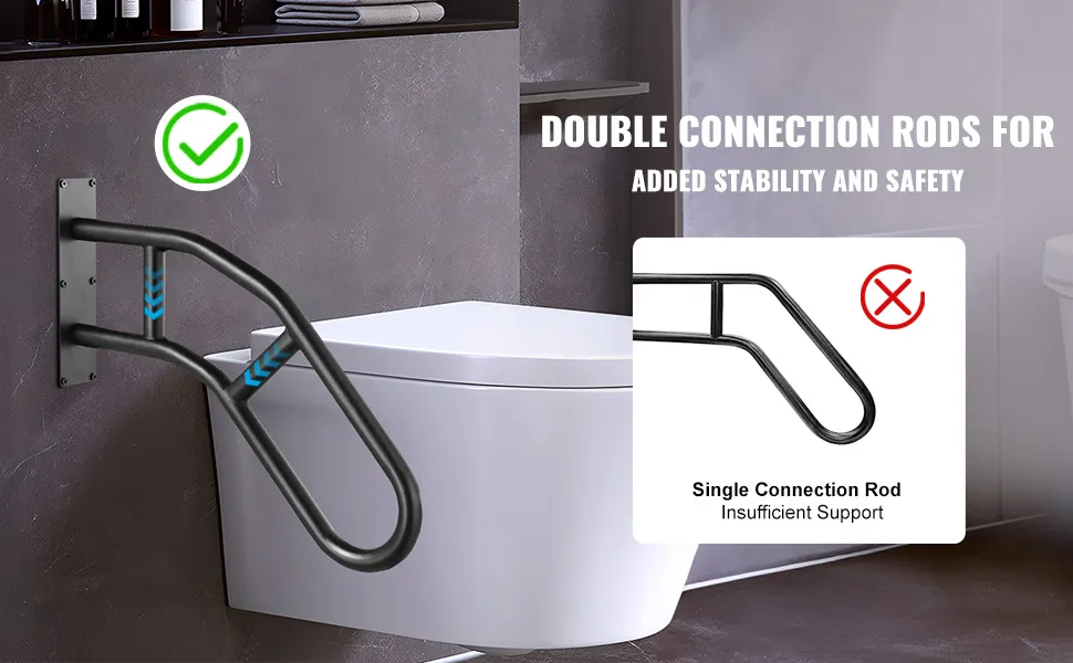 VEVOR outdoor handrails with double connection rods for enhanced stability and safety in a bathroom.