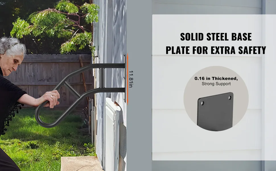 VEVOR outdoor handrails installation with solid steel base plate for extra safety, measuring 11.8 inches.