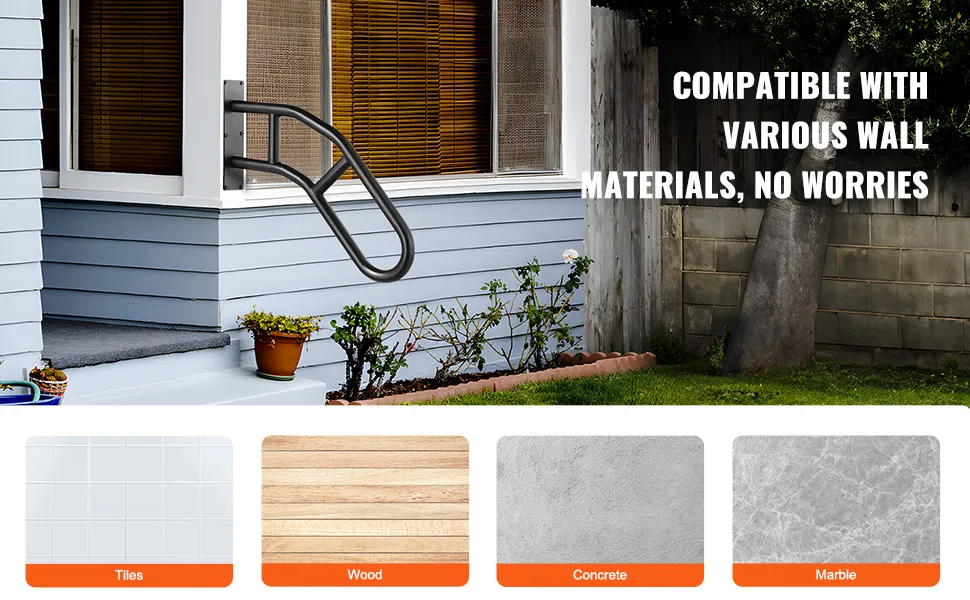 VEVOR outdoor handrails installed on a porch, compatible with tiles, wood, concrete, and marble walls.