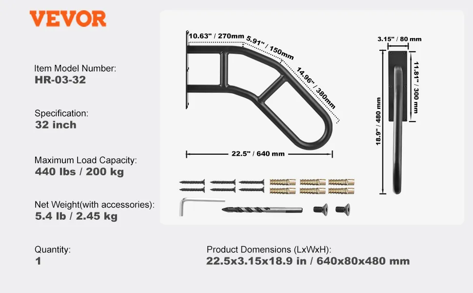 VEVOR outdoor handrails, 32-inch, load capacity 440 lbs, product parts and dimensions shown.