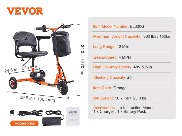 Skuter elektryczny VEVOR, pomarańczowy, udźwig 330 funtów, zasięg 12 mil, akumulator 48 V, w zestawie ładowarka i instrukcja obsługi.