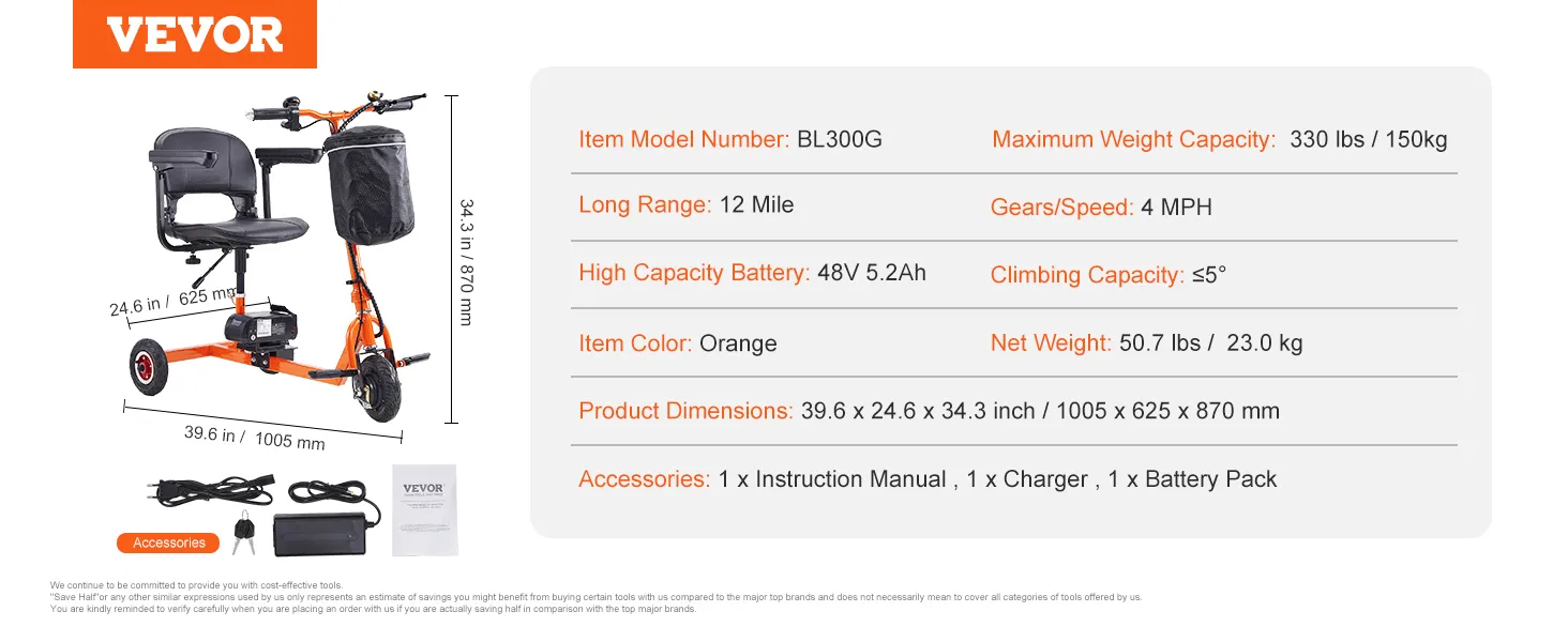 Skuter elektryczny VEVOR, pomarańczowy, udźwig 330 funtów, zasięg 12 mil, akumulator 48 V, w zestawie ładowarka i instrukcja obsługi.