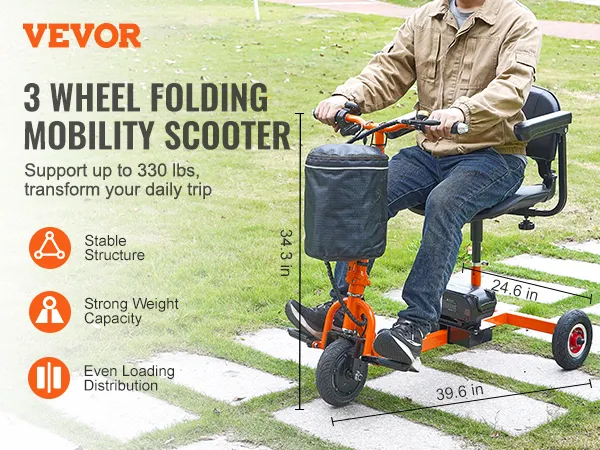 Skuter elektryczny VEVOR, 3-kołowy, składany, stabilna konstrukcja, udźwig do 330 funtów, do użytku na zewnątrz.